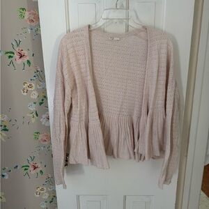 Anthropologie Women's Pink Open Knit Ruffle Hem Sweater Cardigan
